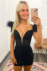 Black Off-the-Shoulder Sheath Homecoming Dress with Feathers-27dress